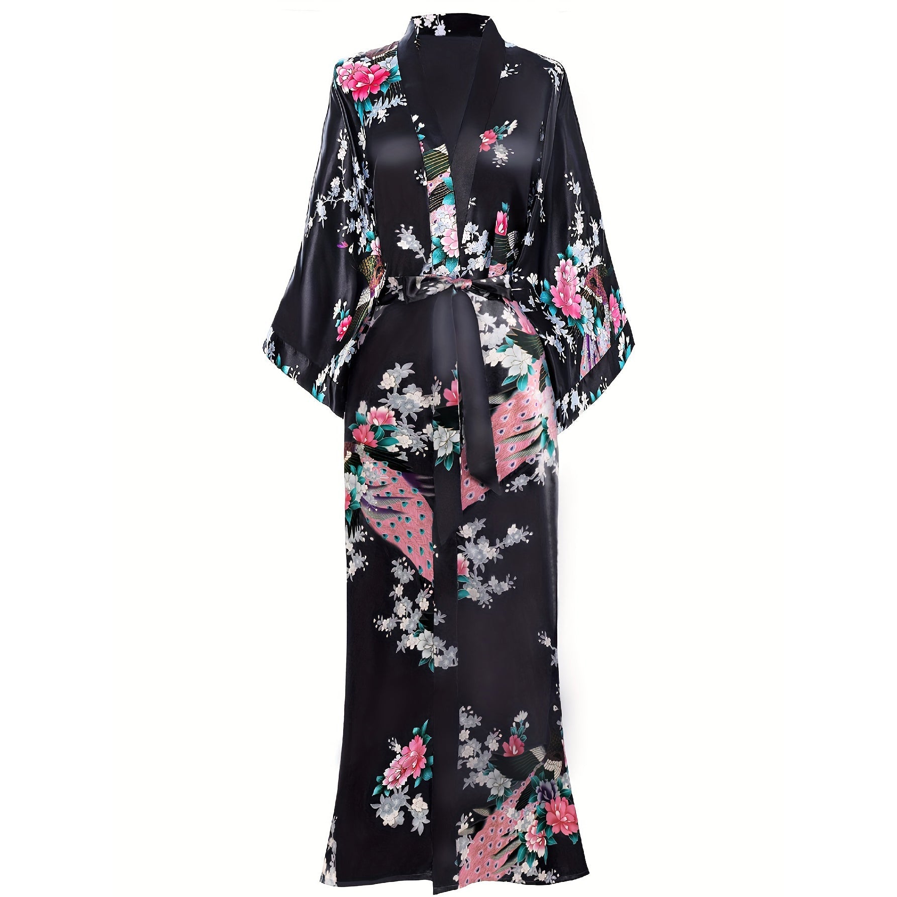 Mulberry Silk Kimono for Women Hand Painted Peacock & Flowers Nightwear - slipintosoft