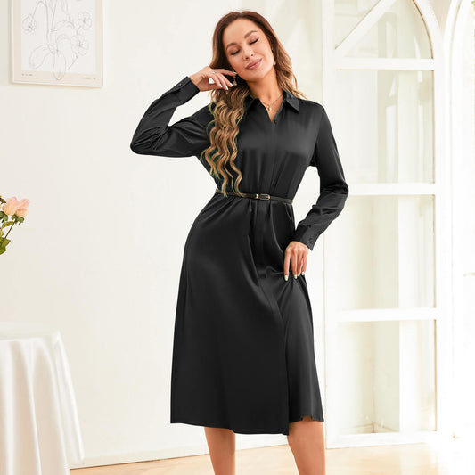 Pure Silk Midi Dresses Long Sleeve Button Down Silk Shirt Dress