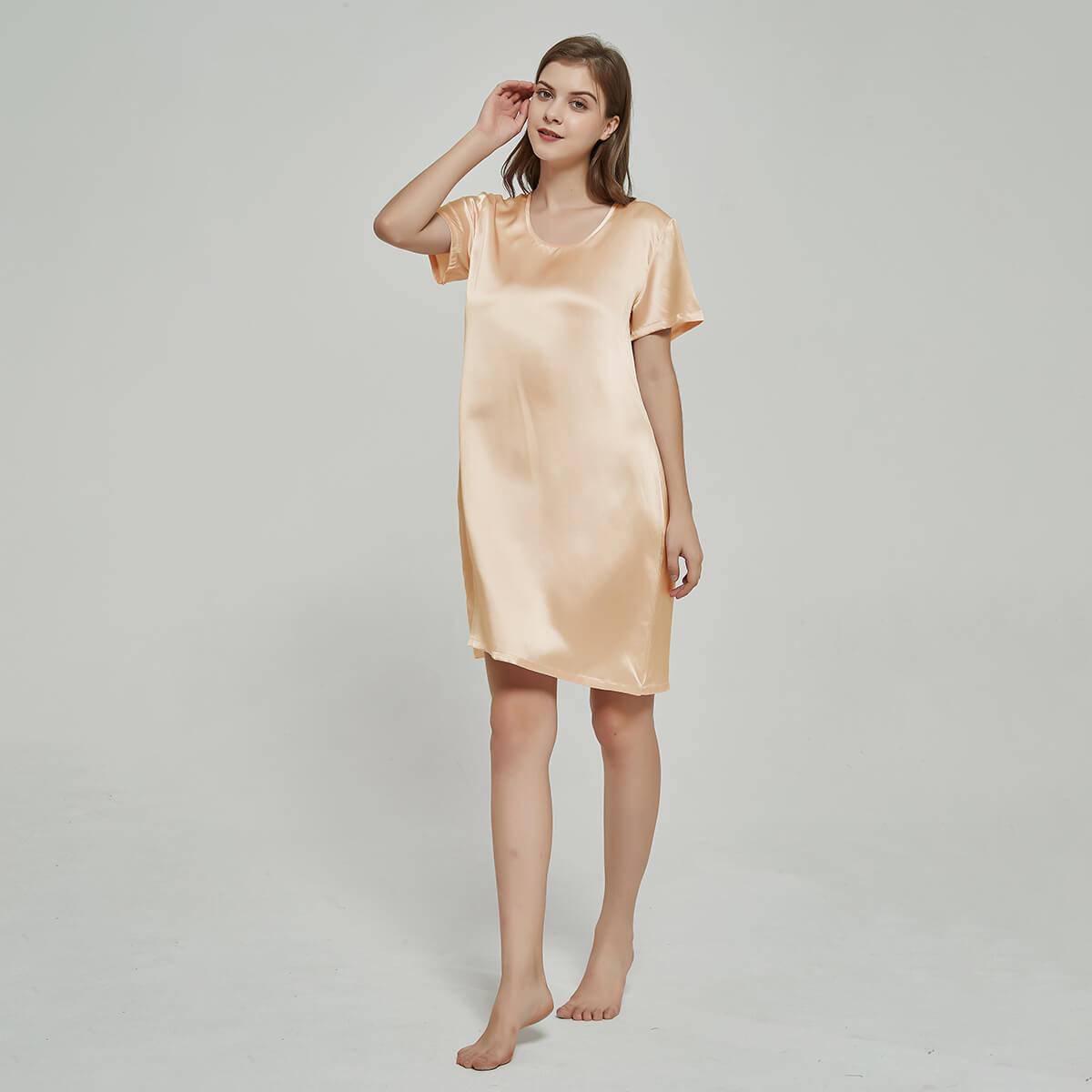 Silk Chemise Women's Short Sleeve Round Neck Silk Nightdress