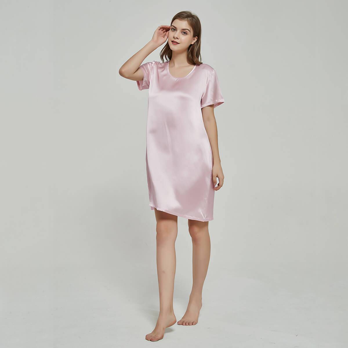 Silk Chemise Women's Short Sleeve Round Neck Silk Nightdress