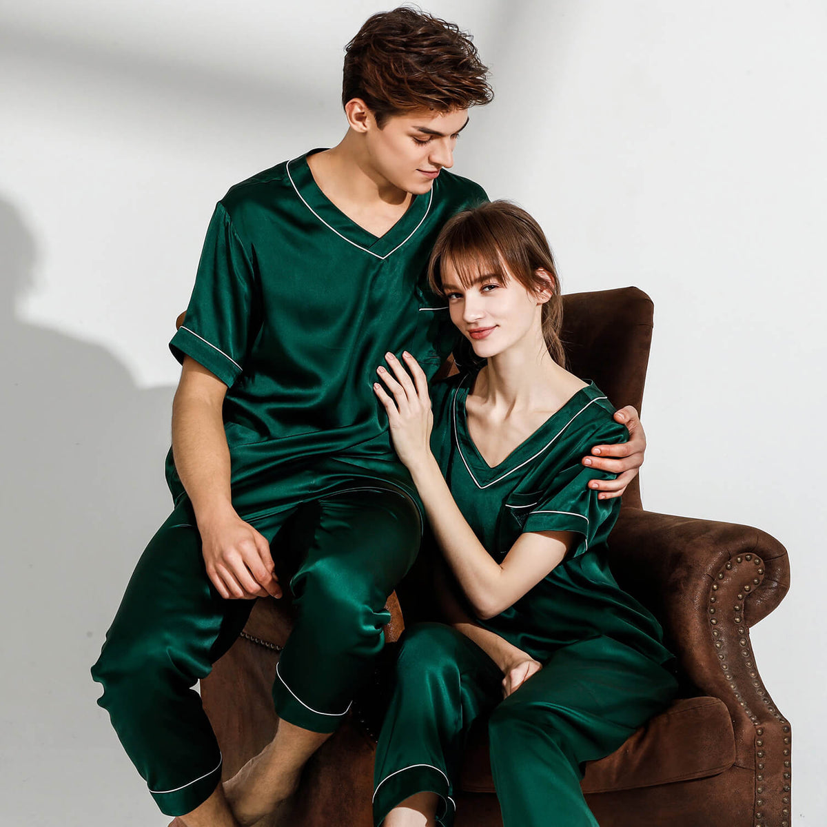 Silk Pajamas Set for Couple Matching Pjs V Neck pure Silk Pajamas