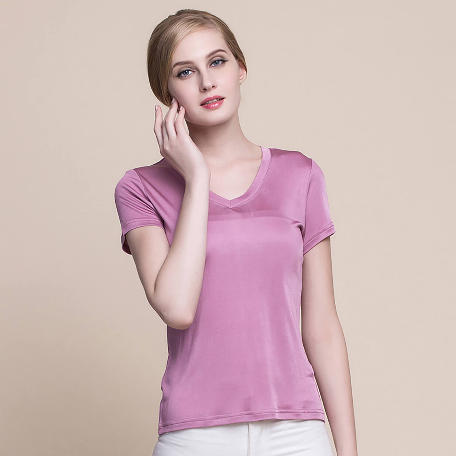 Silk v-neck short-sleeved t-shirt women's silk bottoming shirt women's top - slipintosoft