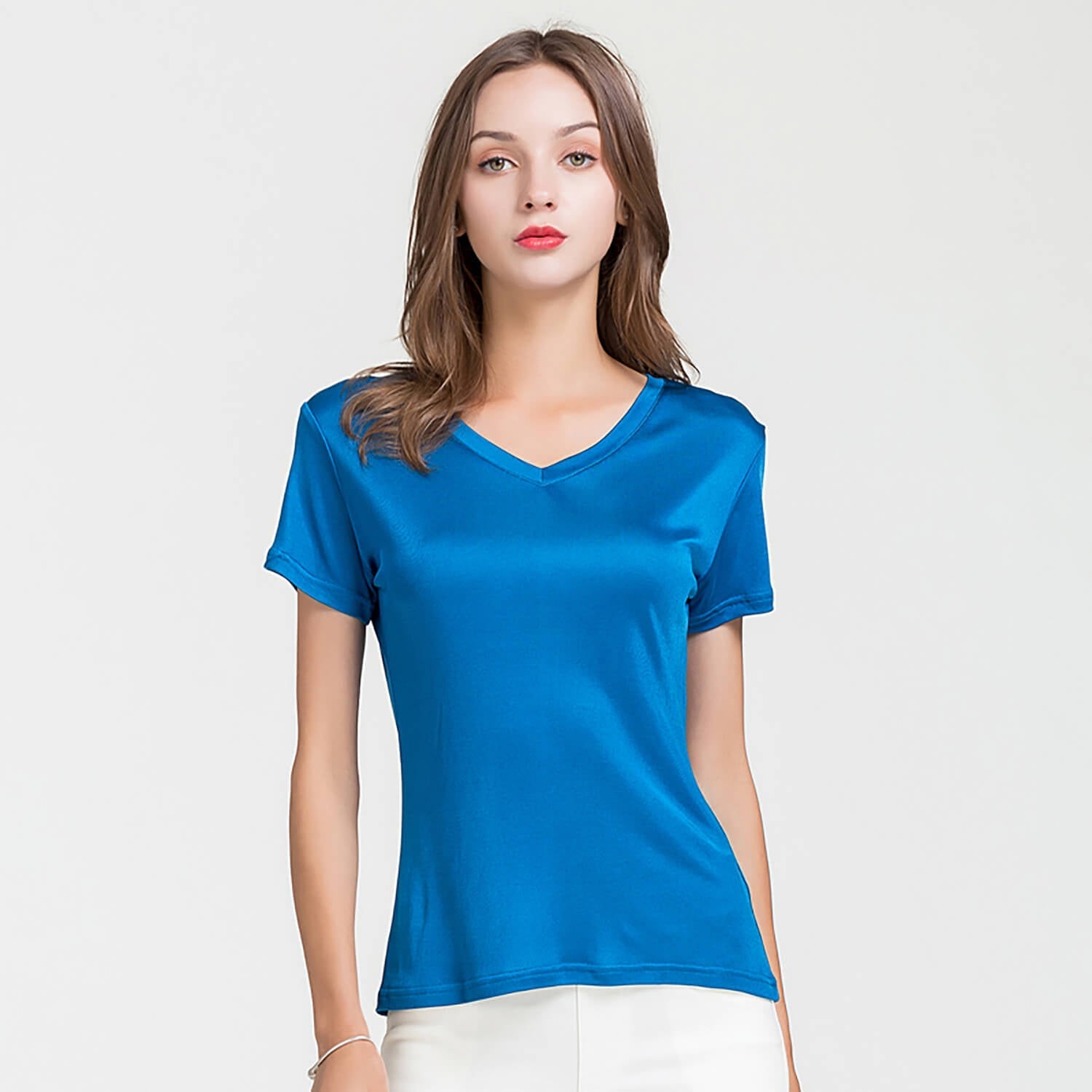 Silk v-neck short-sleeved t-shirt women's silk bottoming shirt women's top - slipintosoft