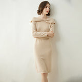 Womens Cashmere Dresses Bow Neck Cashmere Sheath Dress Slim Fit Holiday Party