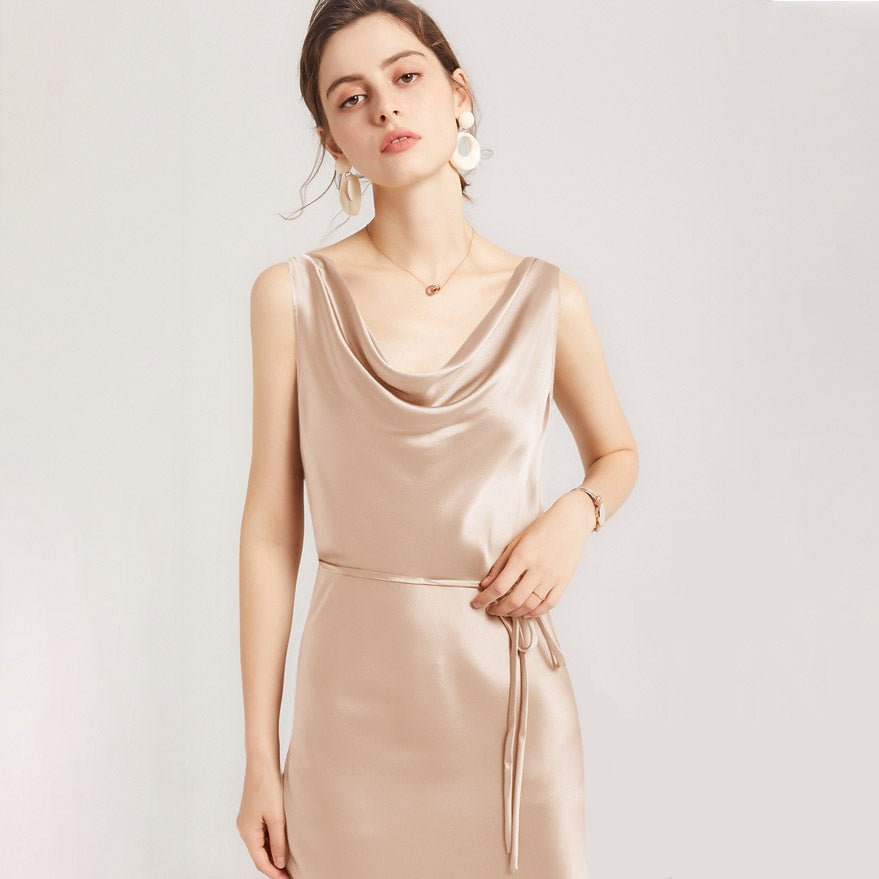 Sleeveless Cowl Neck Silk Midi Dresses Wedding Guest Party Dresses