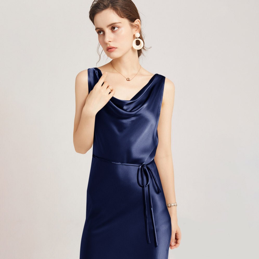 Sleeveless Cowl Neck Silk Midi Dresses Wedding Guest Party Dresses