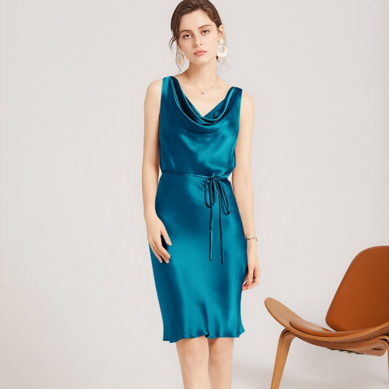 Sleeveless Cowl Neck Silk Midi Dresses Wedding Guest Party Dresses