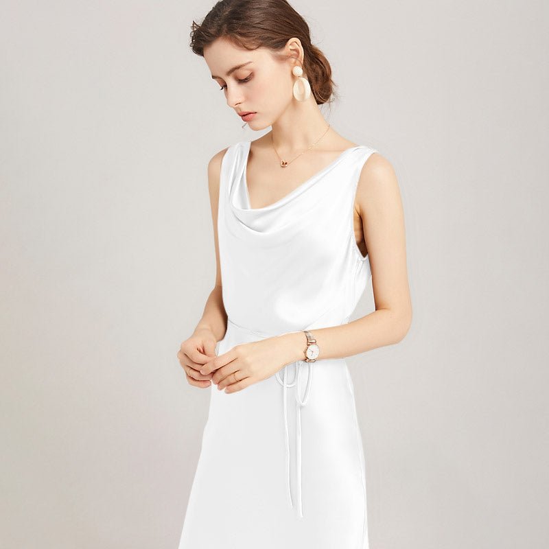 Sleeveless Cowl Neck Silk Midi Dresses Wedding Guest Party Dresses