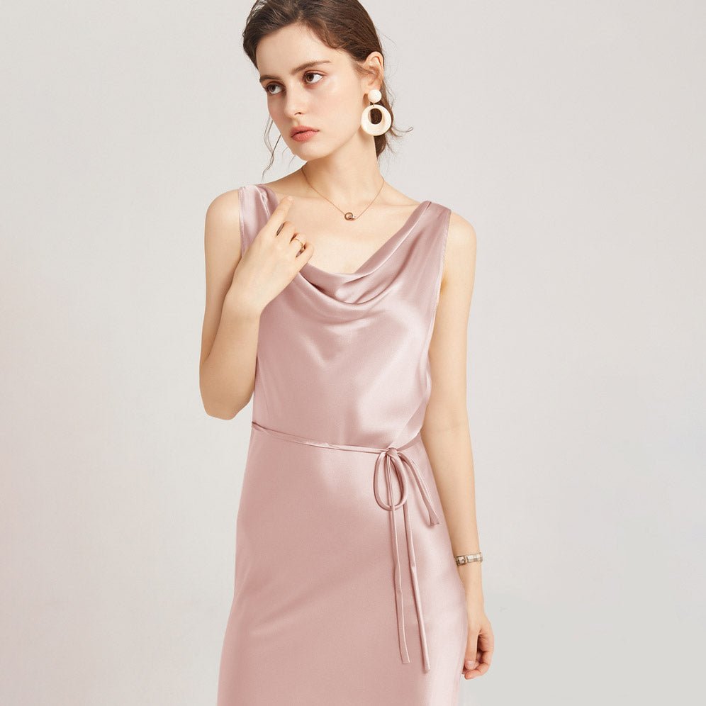 Sleeveless Cowl Neck Silk Midi Dresses Wedding Guest Party Dresses