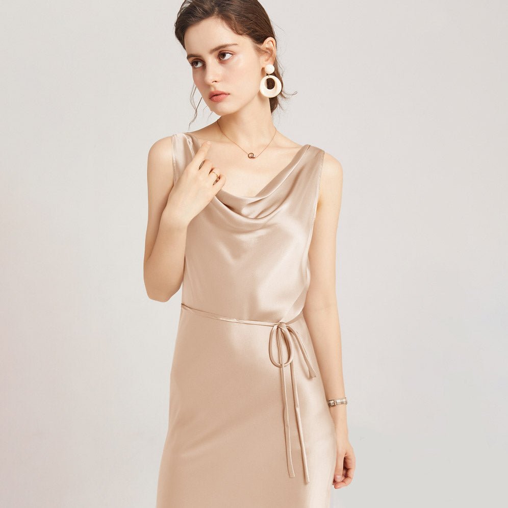 Sleeveless Cowl Neck Silk Midi Dresses Wedding Guest Party Dresses