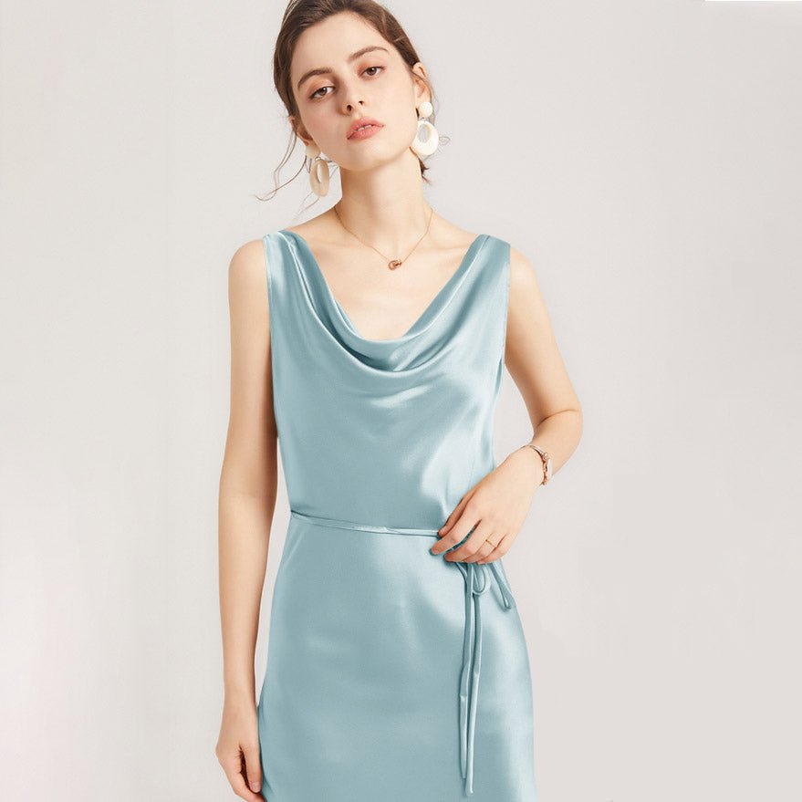 Sleeveless Cowl Neck Silk Midi Dresses Wedding Guest Party Dresses