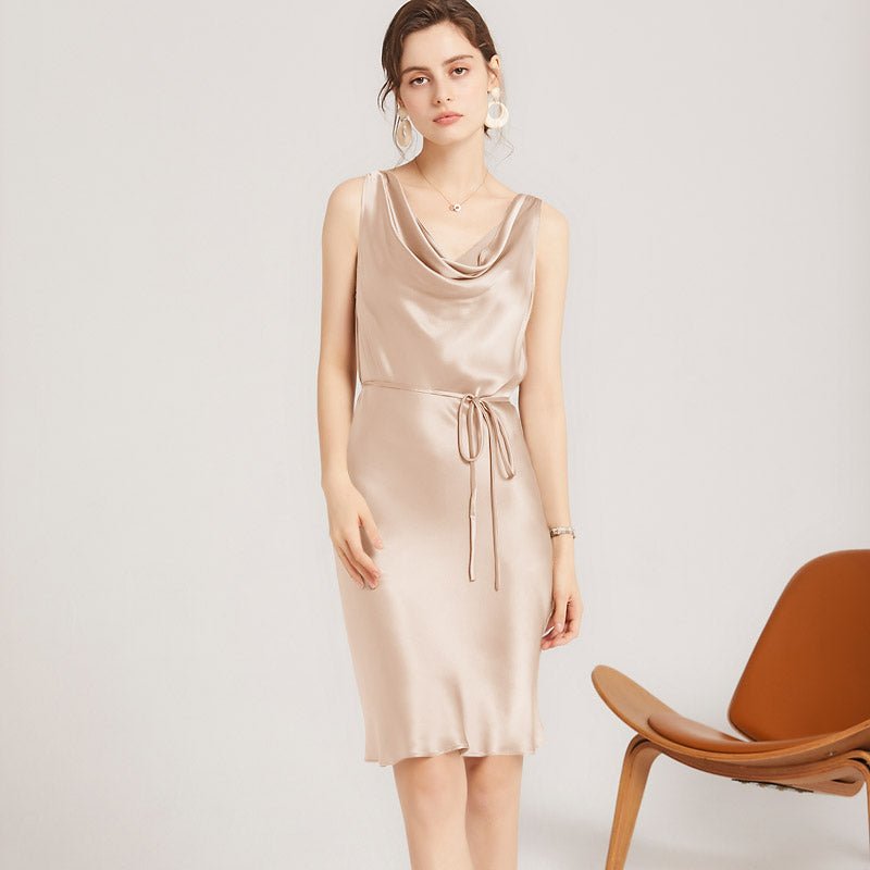 Sleeveless Cowl Neck Silk Midi Dresses Wedding Guest Party Dresses