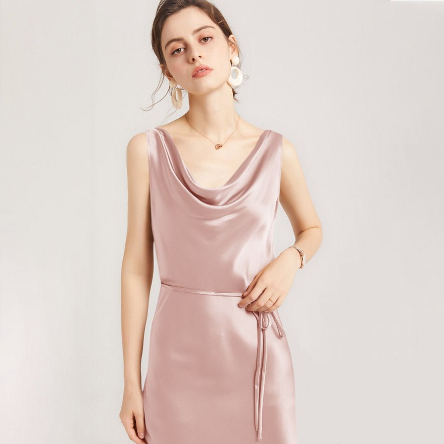 Sleeveless Cowl Neck Silk Midi Dresses Wedding Guest Party Dresses