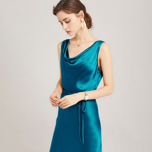 22 Momme Elegant Sleeveless Women's Silk Dress Cowl Neck Midi Silk Dress - slipintosoft