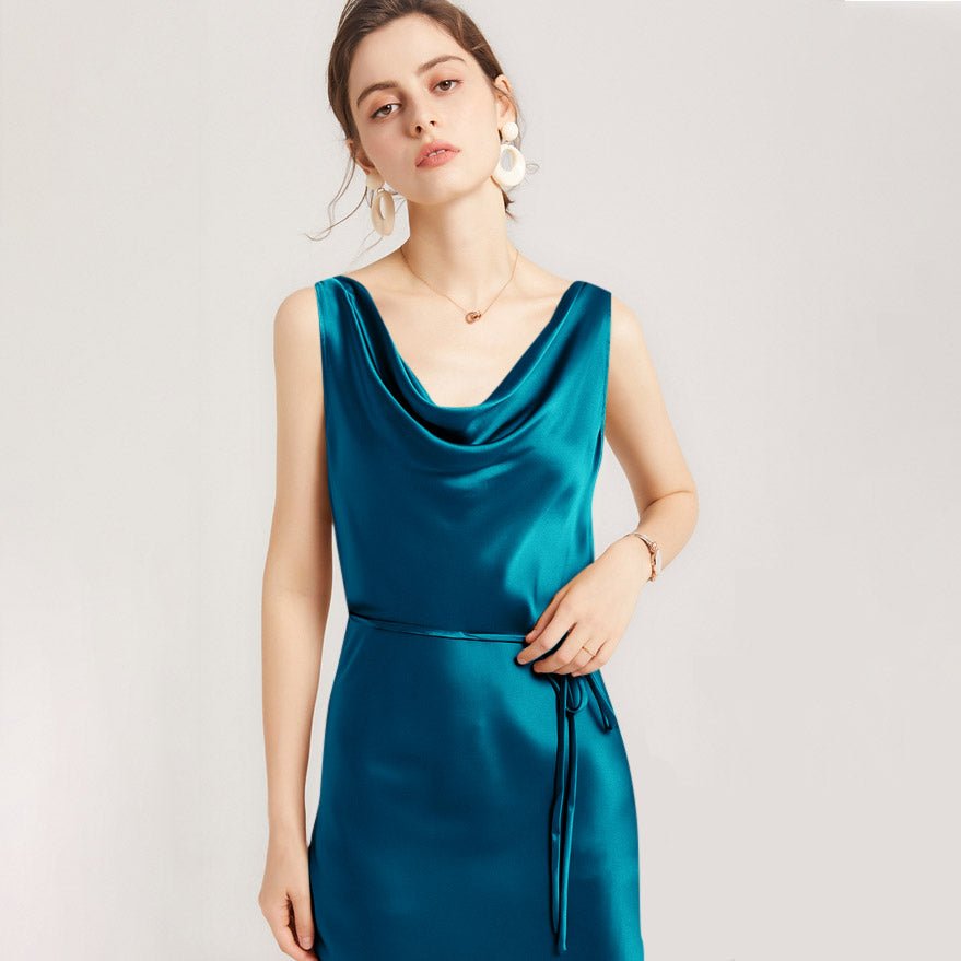 Sleeveless Cowl Neck Silk Midi Dresses Wedding Guest Party Dresses