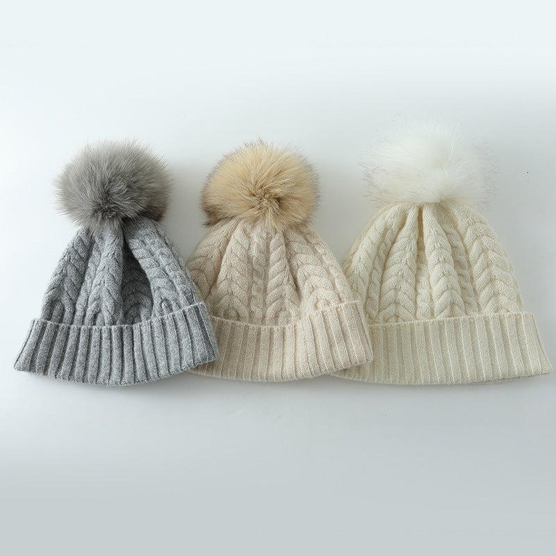 Solid Cashmere Chunky Knitted Hat with Fur Pom Womens Soft Cashmere Beanie for Winter Cashmere Hats