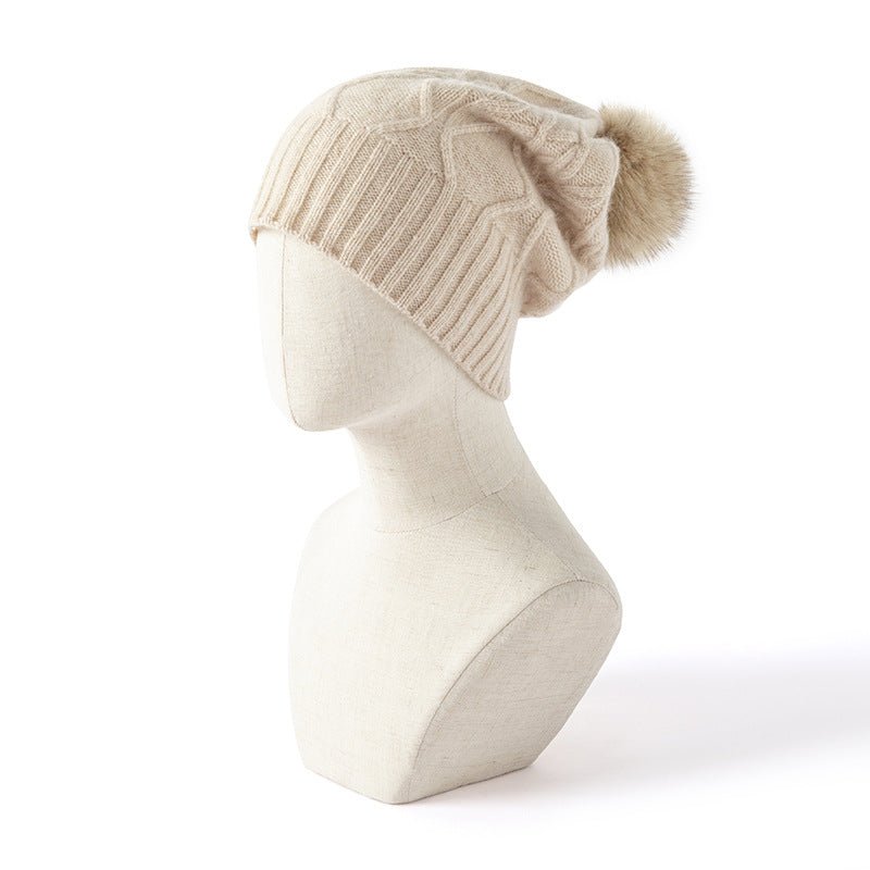 Solid Cashmere Knitted Hat with Fur Pom Cashmere Ear Muffs Warm Hats Cashmere Beanie Cashmere Hats