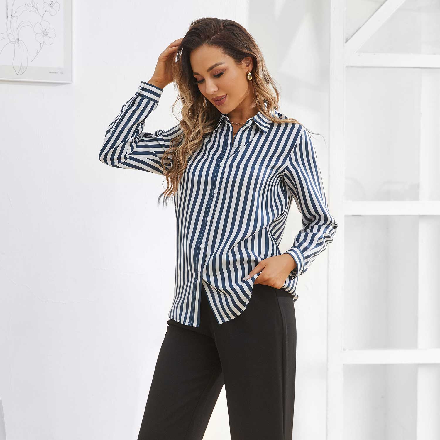 Stripe Silk Blouse for Women 100% Pure Silk Long Sleeves Silk Tops - slipintosoft