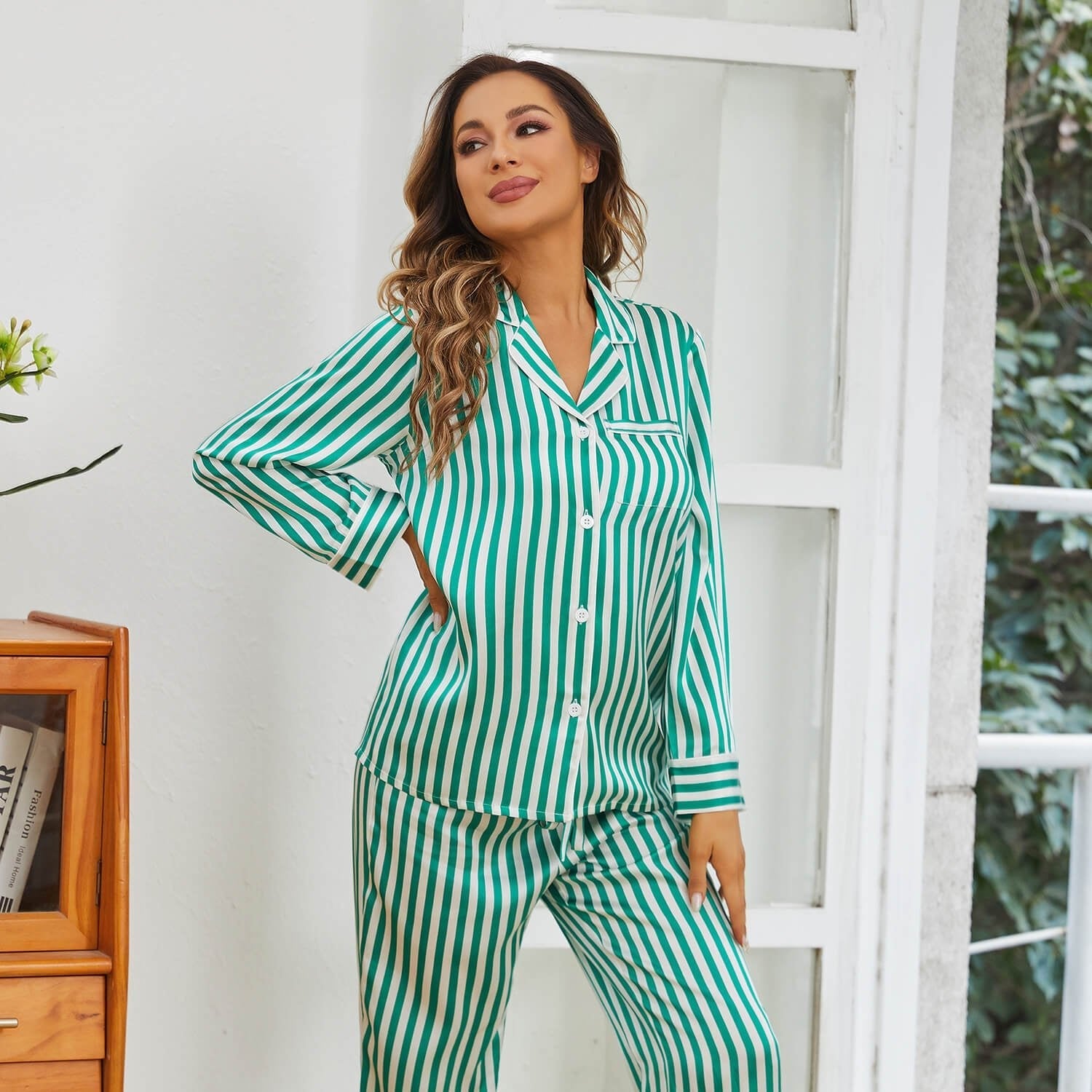 Women's Stripe Silk Sleepwear Set 100% Stripe Silk Pajamas