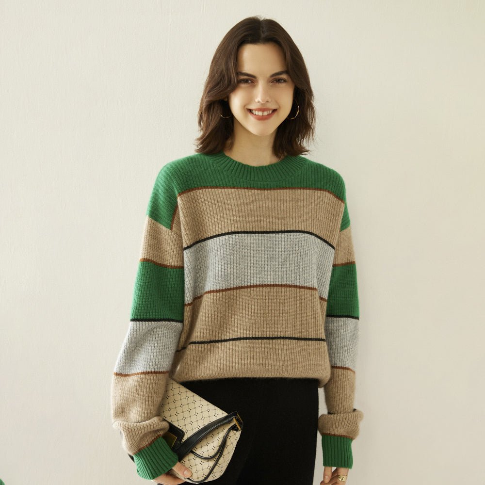 Striped Cashmere Sweater for Women Crew Neck Cashmere Blouses Drop Shoulder Wool Cashmere Sweater