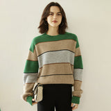 Striped Cashmere Sweater for Women Crew Neck Cashmere Blouses Drop Shoulder Wool Cashmere Sweater