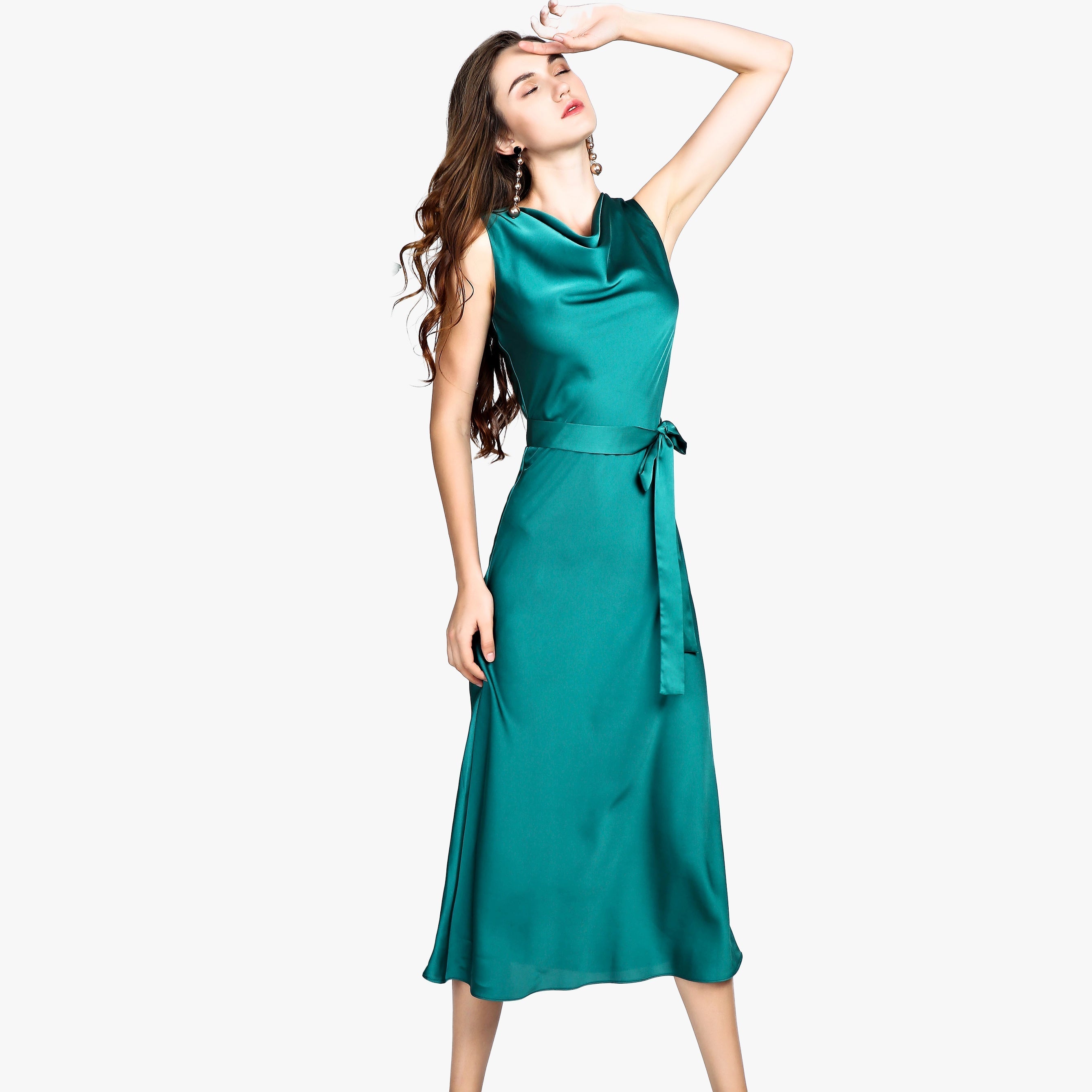 Summer Guest Party Silk Dress Sleeveless Cowl Neck Silk Dresses