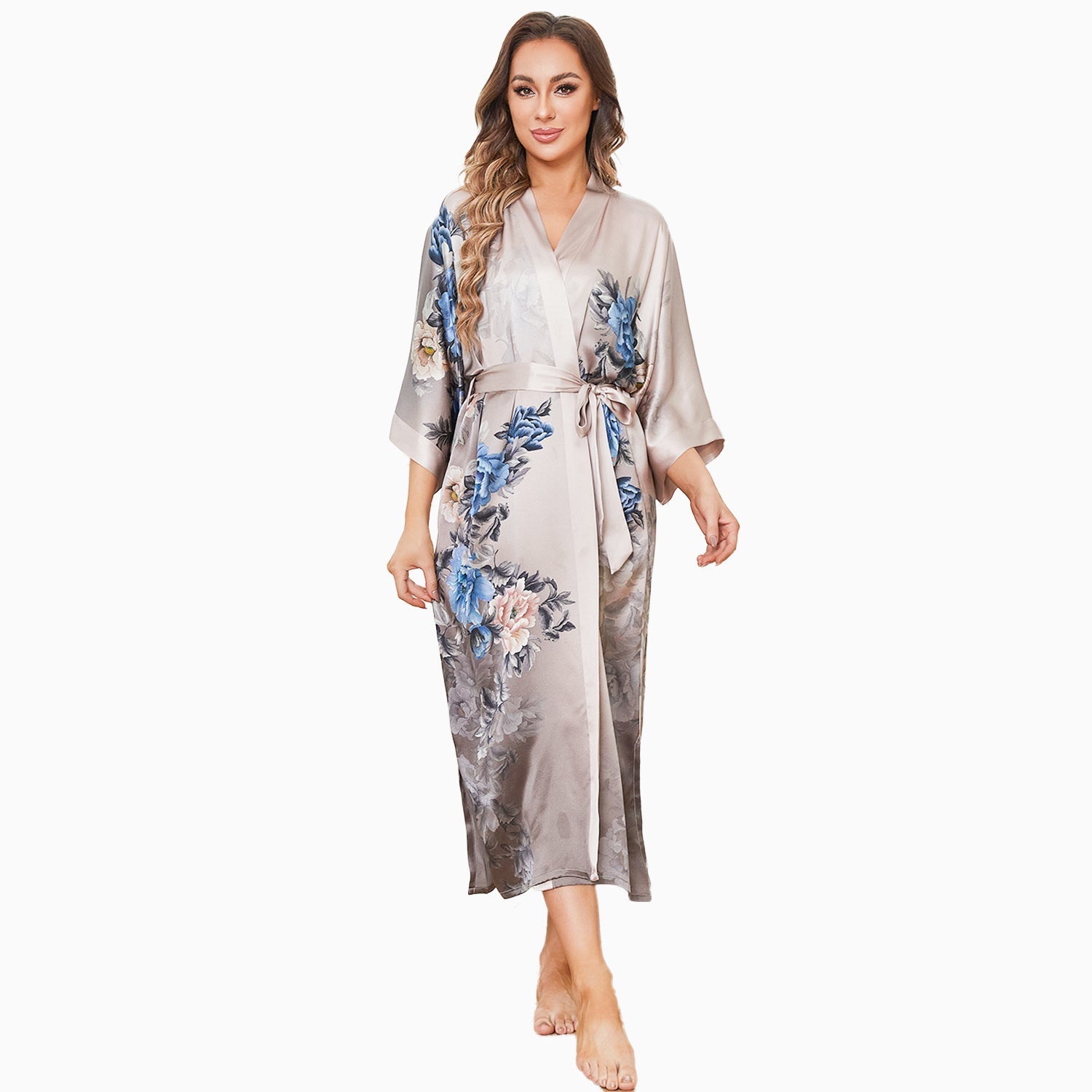 women's Flower Silk Kimono Robe long Flower Print pure Silk Kimono - slipintosoft