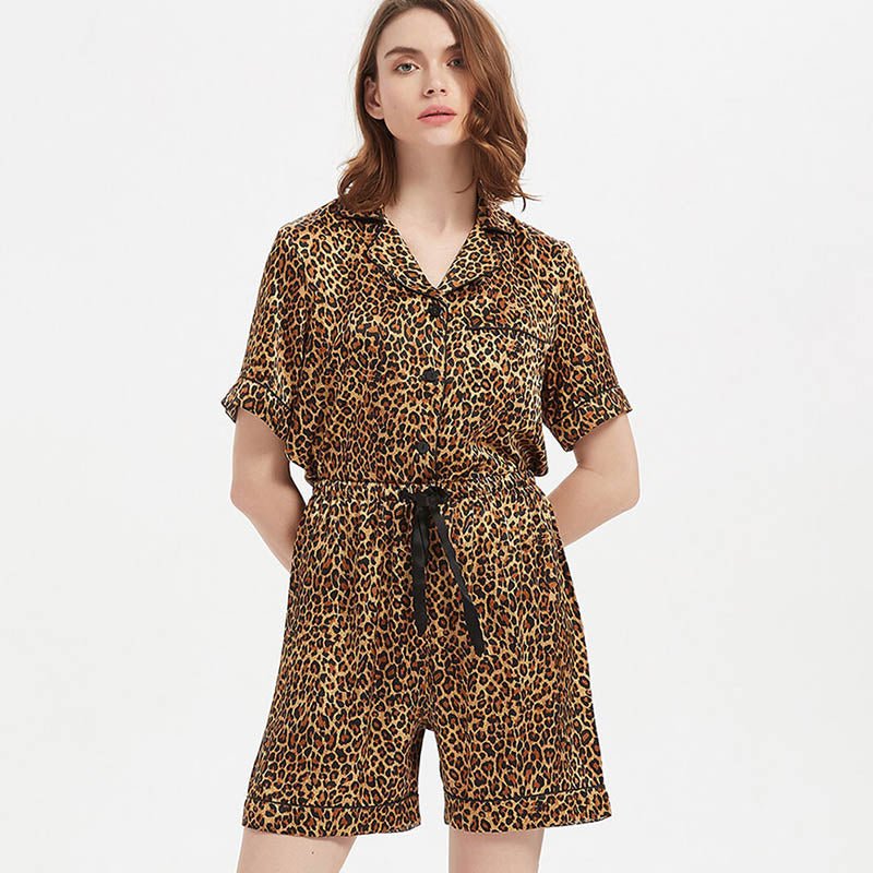 Two-piece Leopard Printed Silk Pajama Shorts Set - slipintosoft