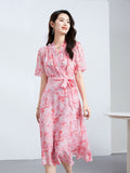 V Neck Silk Midi Dress with Waist Tie Floral Silk Wrap Dress for Women Pink XS