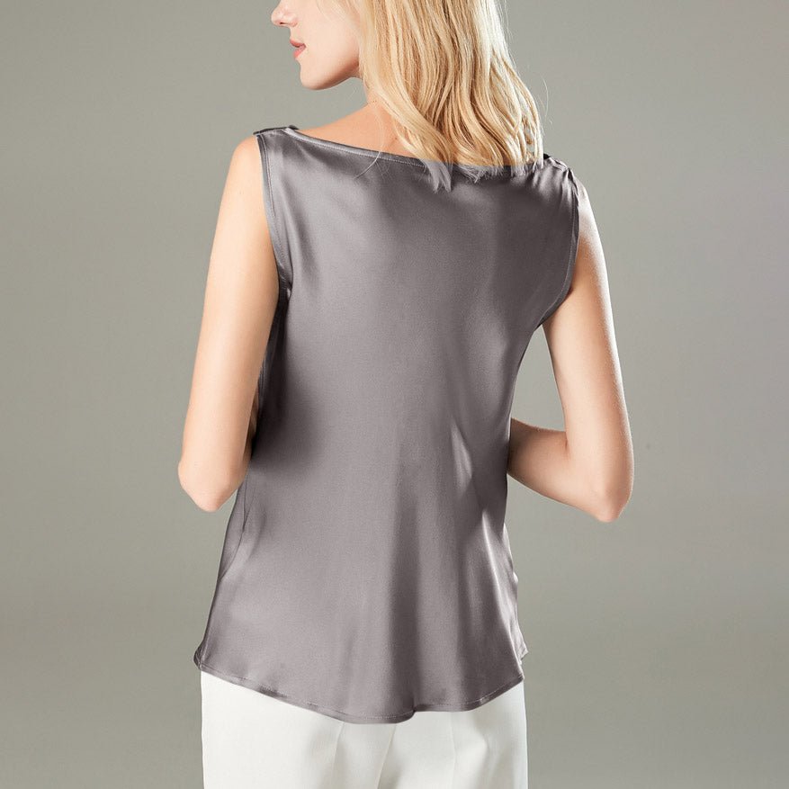 Versatile Ladies Silk Sleeveless Blouse 100% Mulberry Silk Cowl Collar Tops - slipintosoft