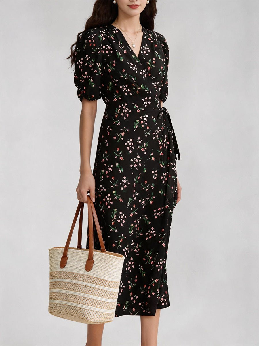 Vintage Womens Silk Midi Dress Silk Floral Dress V - Neck Silk Wrap Dress Black XS