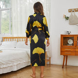 Long Sleeves 100% Pure Silk Kimono Robe Gold Ginkgo Leaf Nightwear for Ladies Women - slipintosoft