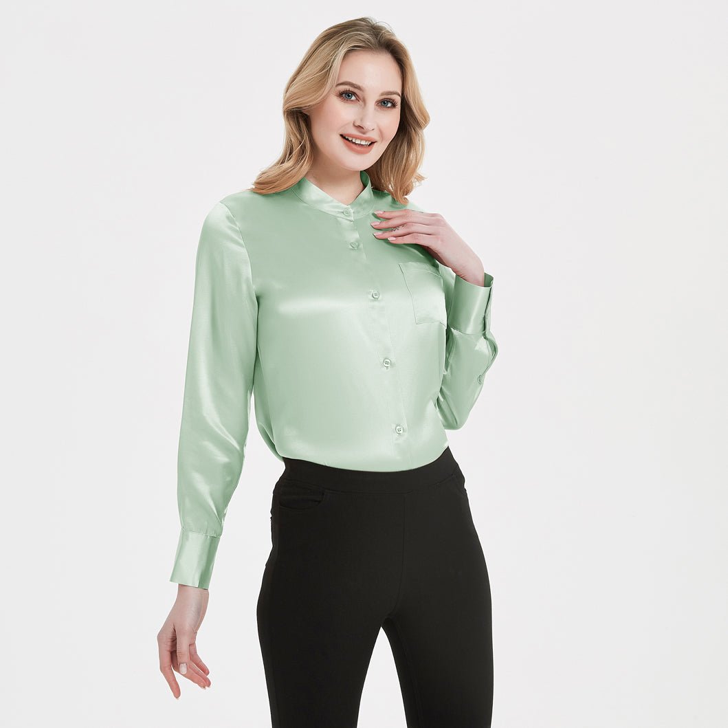 Women Band Collar Silk Blouse For Women 100% Pure Silk Blouse with Pocket - slipintosoft