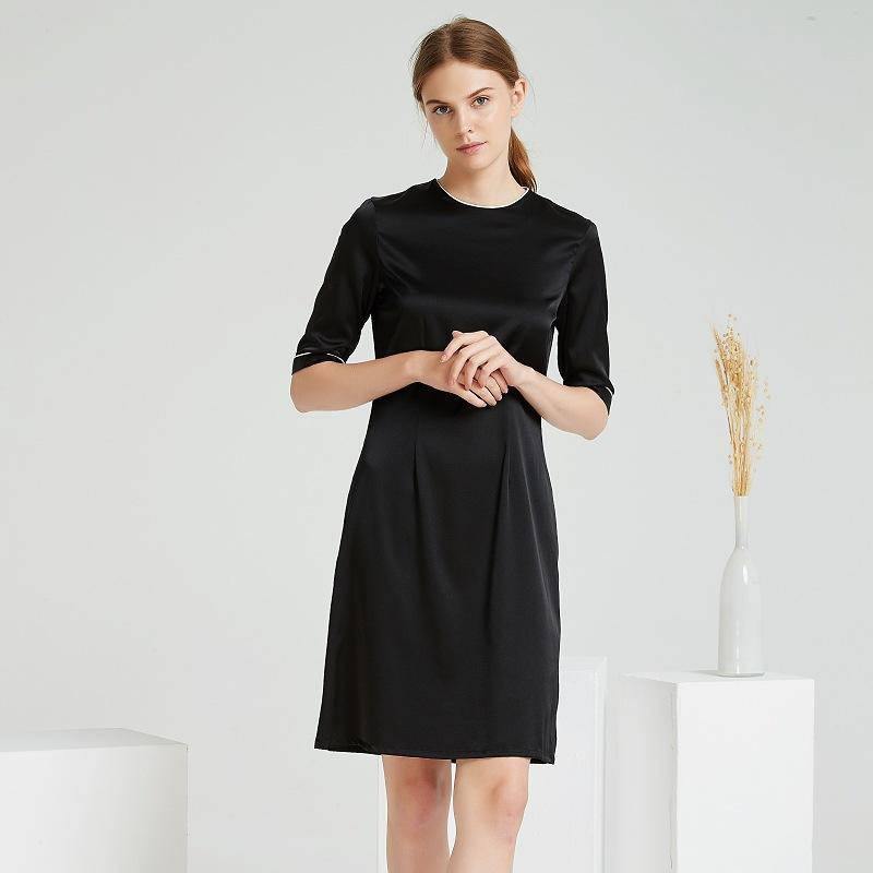 Women Black Silk Dresses Round Neck Short Sleeve 100% Mulberry Silk Dress - slipintosoft