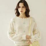 Women Crew Neck Cashmere Sweater Lantern Sleeve Embroidery Crochet Cashmere Tops Wool Cashmere Sweater