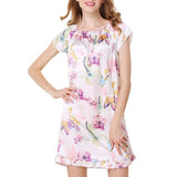 Women Floral Printed Loose Silk Nightgown Round Neck silk Dresses