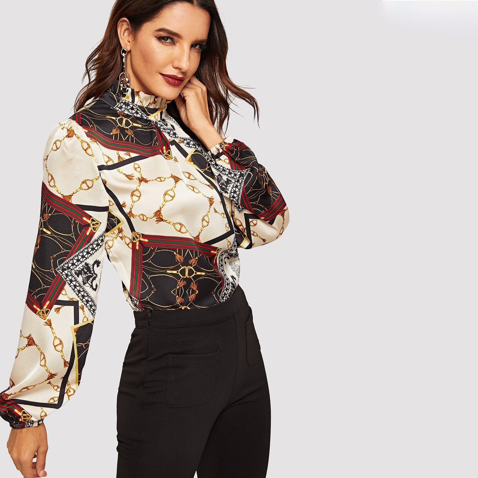 Printed Silk Blouse Stand Collar Long Sleeve Workwear Silk Top Shirts - slipintosoft