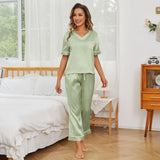 Short Sleeve Silk Pajama Sets 100% Mulberry V Neck silk pajamas for women silk pjs - slipintosoft