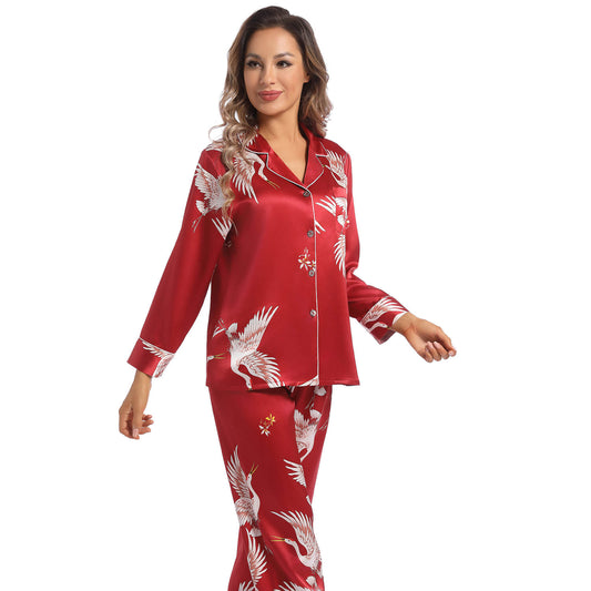 Women Silk Pajamas Set Crane Printed Ladies Silk Nightwear