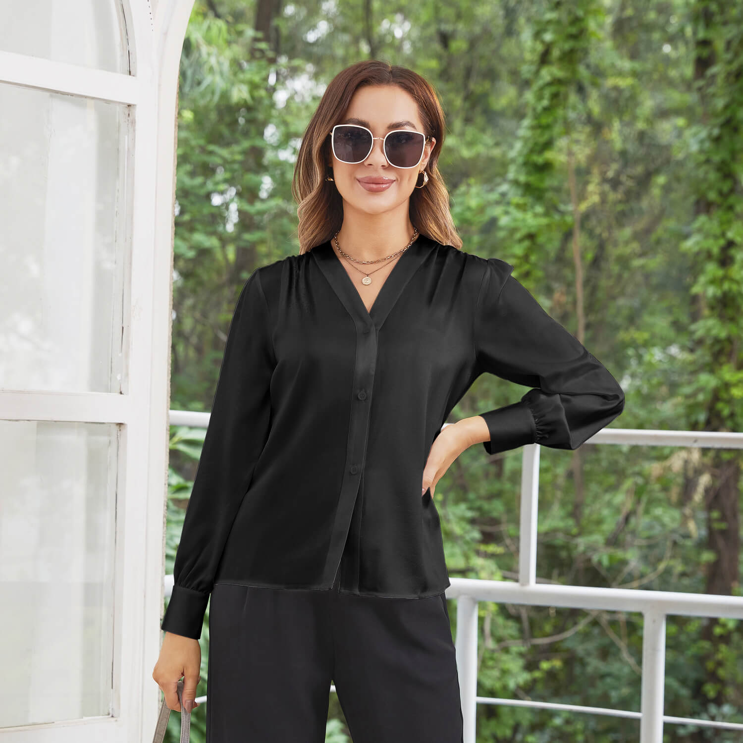 Women Long Sleeves V Neck Silk Blouse - slipintosoft