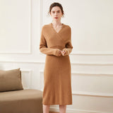 Womens Cashmere Ribbed Knit Wrap Dress Long Sleeve V Neck Midi Dresses