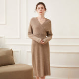 Womens Cashmere Ribbed Knit Wrap Dress Long Sleeve V Neck Midi Dresses