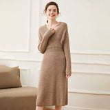 Womens Cashmere Ribbed Knit Wrap Dress Long Sleeve V Neck Midi Dresses