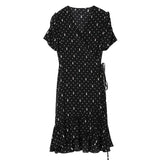 Womens Black Silk Polka Dot V Neck Dress Ruffle Hem Short Silk Dress
