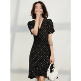 Womens Black Silk Polka Dot V Neck Dress Ruffle Hem Short Silk Dress