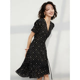 Womens Black Silk Polka Dot V Neck Dress Ruffle Hem Short Silk Dress