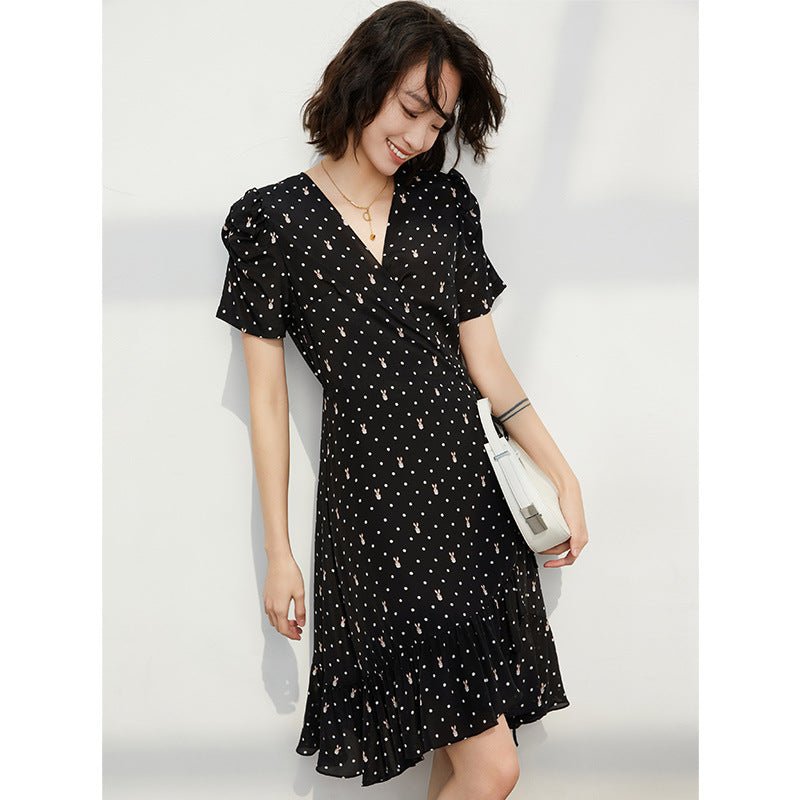 Womens Black Silk Polka Dot V Neck Dress Ruffle Hem Short Silk Dress