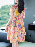 Womens Blue Floral Print Silk Mini Dress Ruffle Hem Short Silk Dress (Copy)