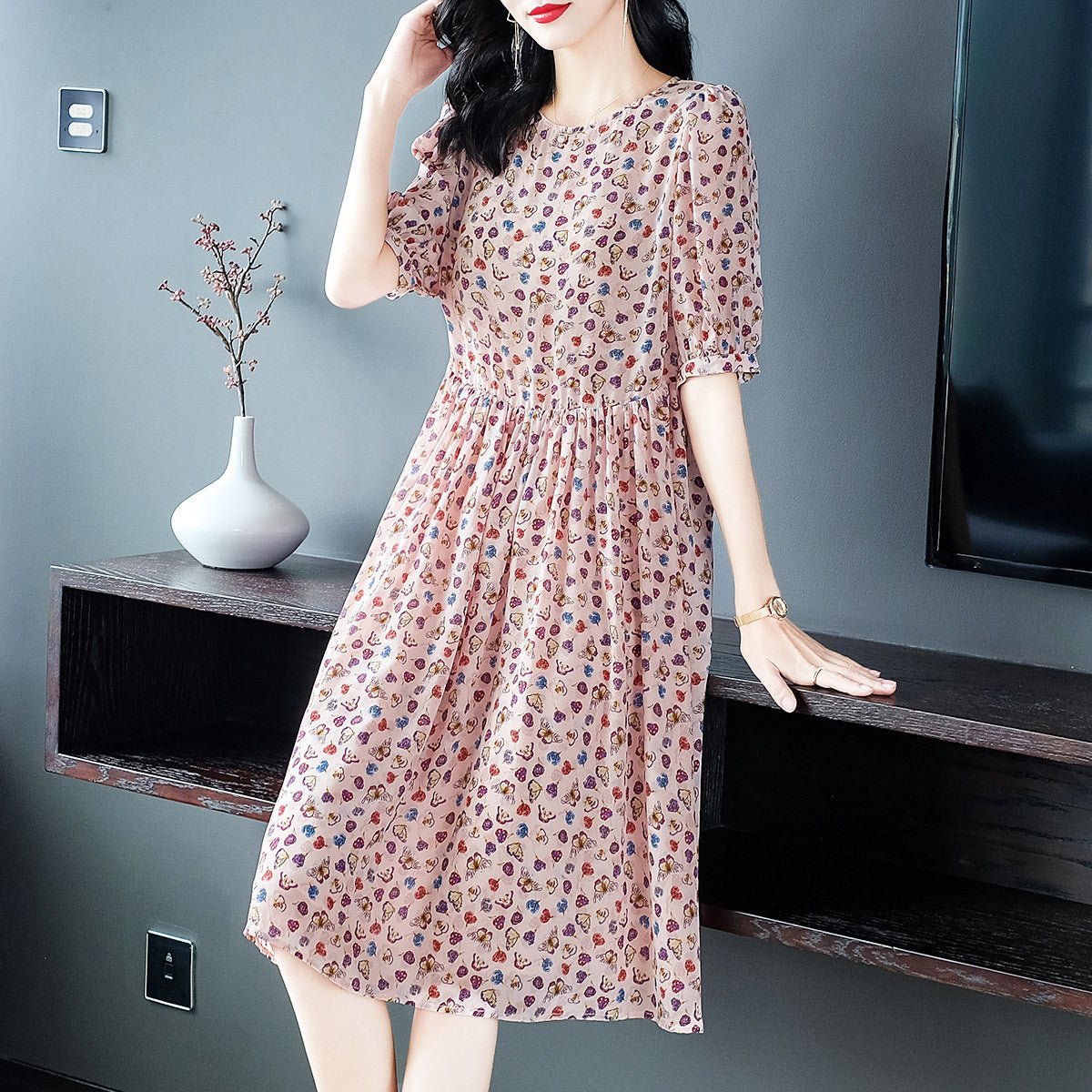 Womens Blush Pink Silk Midi Dress Petite Floral Print Long Silk Dreess