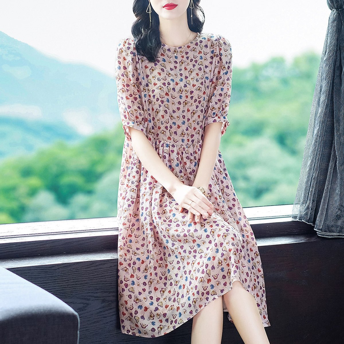 Womens Blush Pink Silk Midi Dress Petite Floral Print Long Silk Dreess